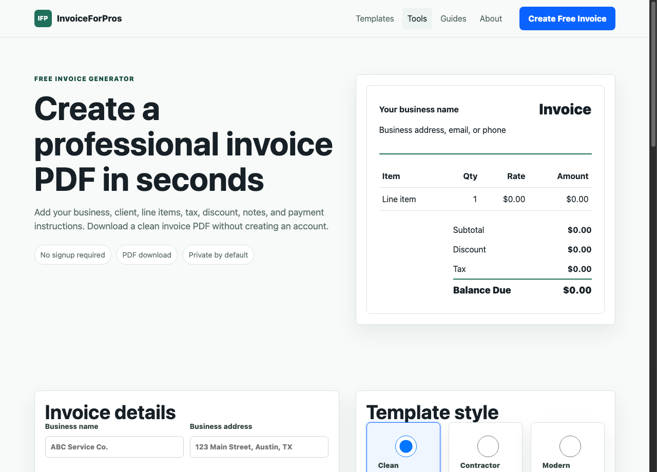 InvoiceForPros invoice generator screen with invoice details and template style controls