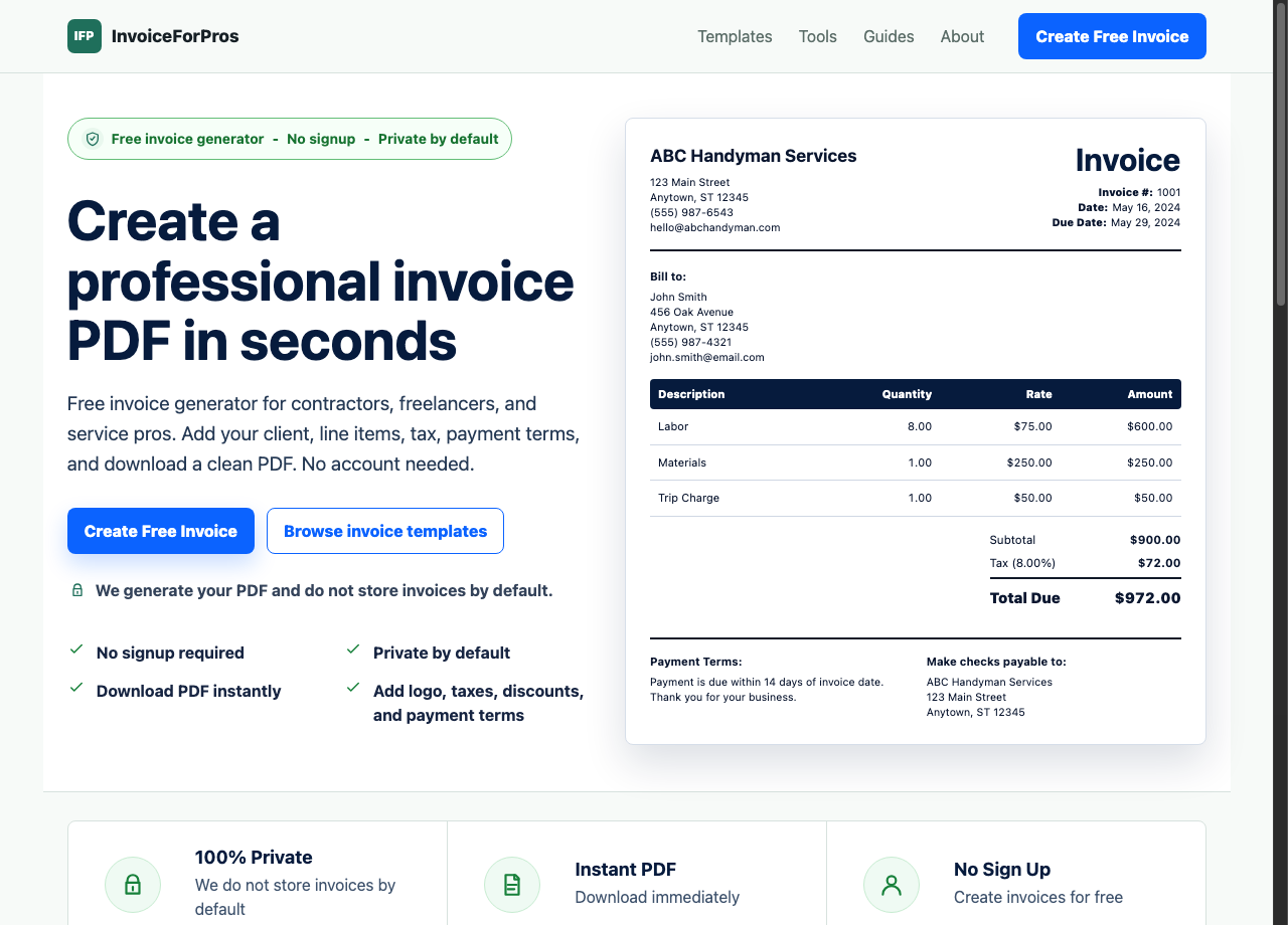 InvoiceForPros homepage with invoice generator and document preview